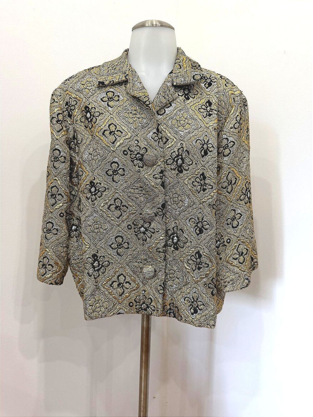 1960s Vintage Gold and Black Brocade Jacket with Floral Pattern ILGWU
